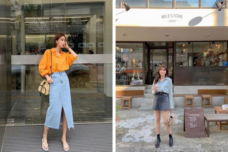 chân váy jean phối áo sơ mi